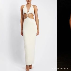 MESHKI Nicha Diamanté Cut Out Midi Dress in Bone ,Size Small NWT